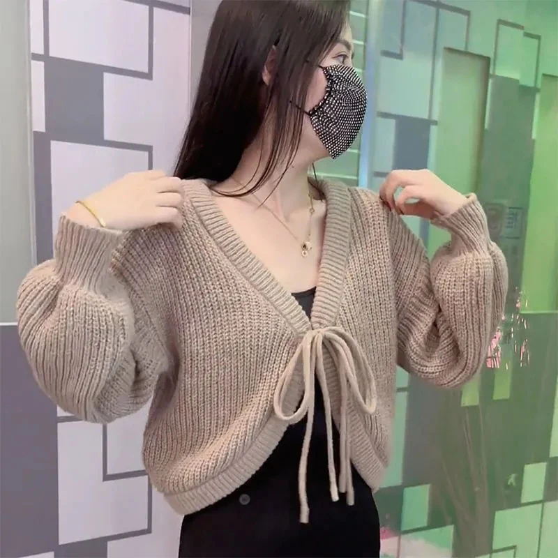 Y2K Grunge Lace-Up Cardigan: Korean Style V-Neck Sweater for Women