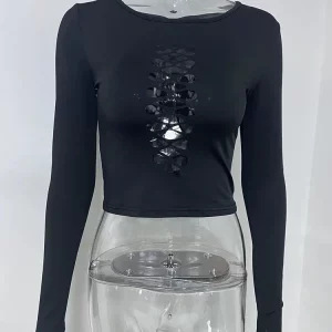 Y2K Grunge Lace-Up Crop Top - Sexy Hollow Out Long Sleeve Tee