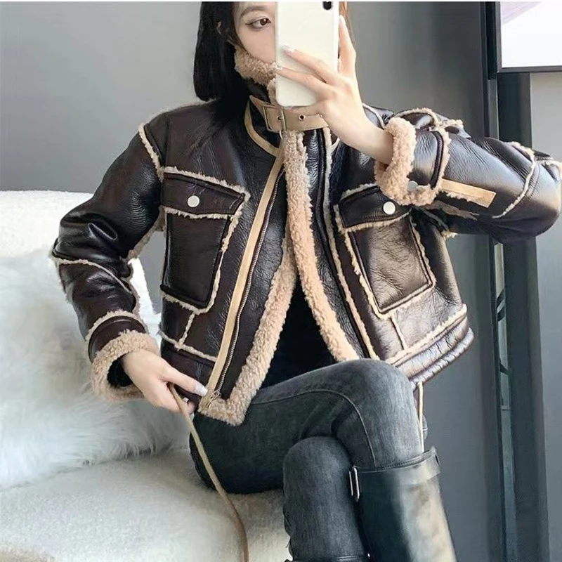 Y2K Grunge Leather Jacket - Short Fleece Coat for Women