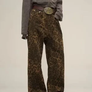 Y2K Grunge Leopard Jeans - Oversize Wide Leg Denim Pants