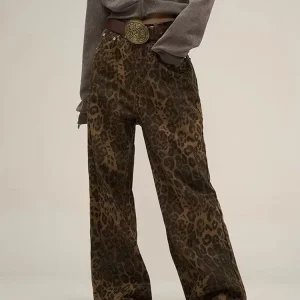 Y2K Grunge Leopard Jeans - Oversize Wide Leg Denim Pants