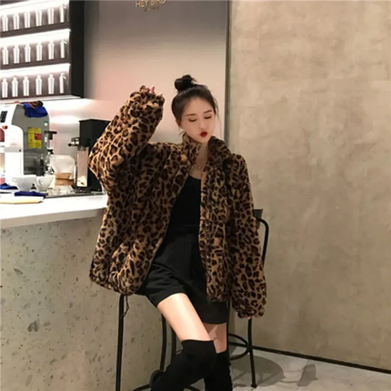 Y2K Grunge Leopard Print Jacket - Faux Fur Parka for Women