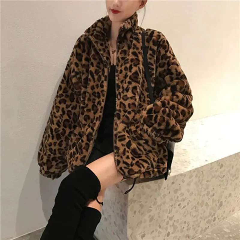 Y2K Grunge Leopard Print Jacket - Faux Fur Parka for Women