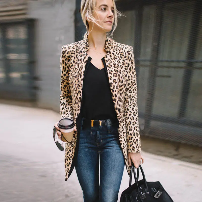 Y2K Grunge Leopard Print Long Blazer - Women's Office Suit Coat