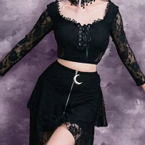 Y2K Grunge Mesh Patchwork Crop Top - Gothic Aesthetic Blouse