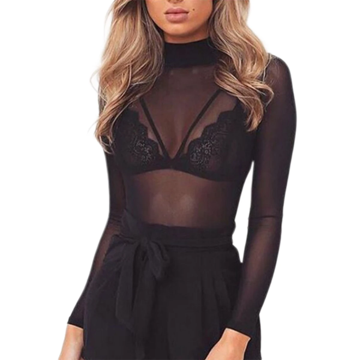 Y2K Grunge Mesh Top - Sexy Long Sleeve See-through Turtleneck for Party Club