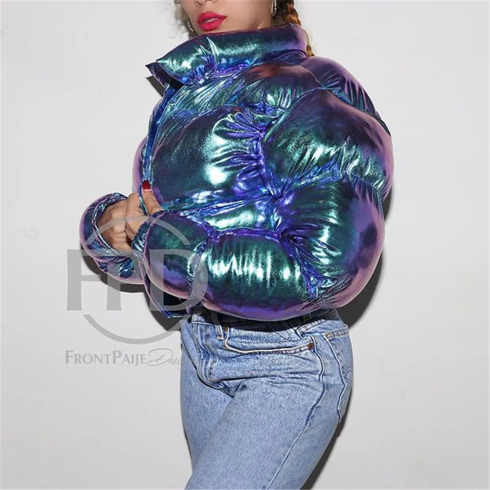 Y2K Grunge Metallic Puffer Jacket - Quilted Zip-Up Outerwear