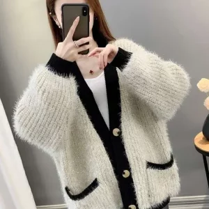 Y2K Grunge Mohair Cardigan: Mink Fur Knit Jacket for Retro Summer Outfits