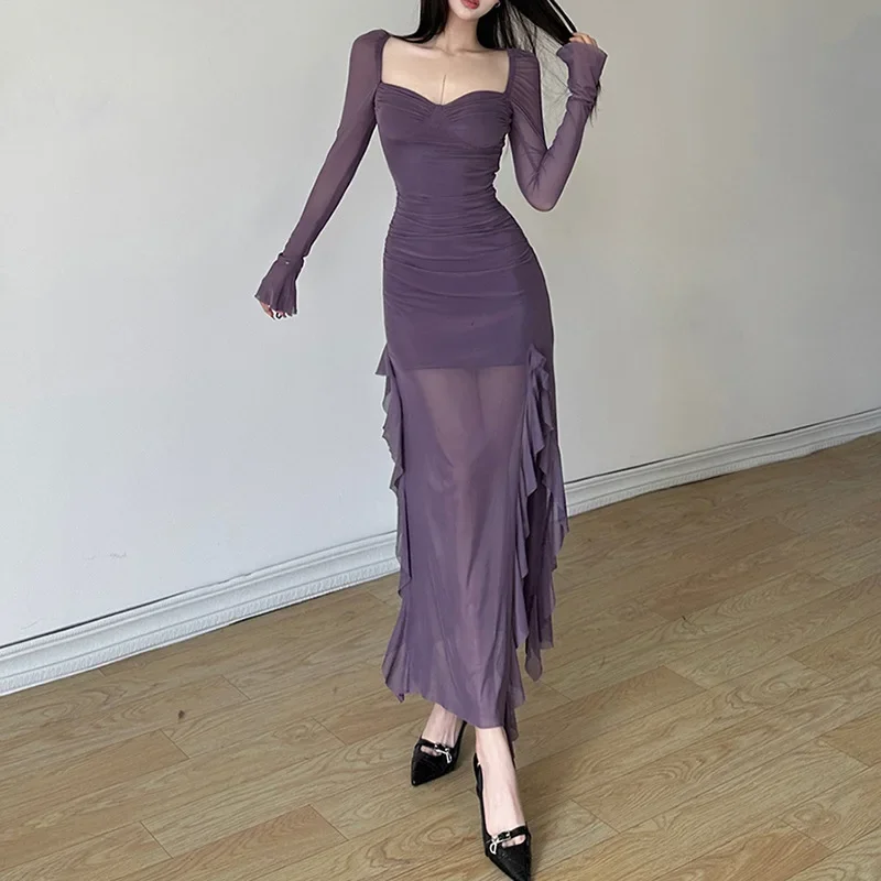 Y2K Grunge Party Queen Purple Elegant Women's Translucent Straight Dress