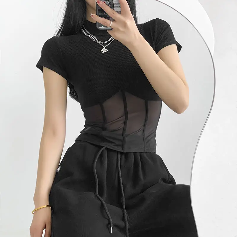 Y2K Grunge Patchwork Crop Top for Women - Retro Summer Fashion