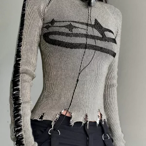 Y2K Grunge Patchwork Sweater - Vintage Style Long Sleeve Jumper for Women