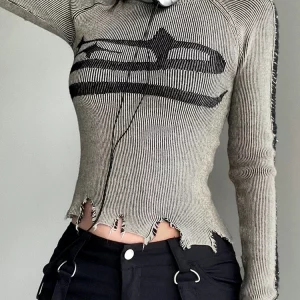 Y2K Grunge Patchwork Sweater - Vintage Style Long Sleeve Jumper for Women