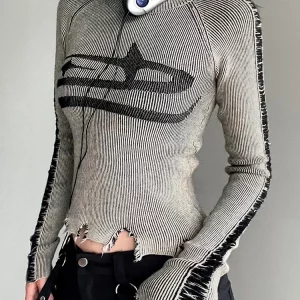 Y2K Grunge Patchwork Sweater - Vintage Style Long Sleeve Jumper for Women