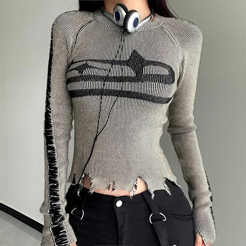 Y2K Grunge Patchwork Sweater - Vintage Style Long Sleeve Jumper for Women