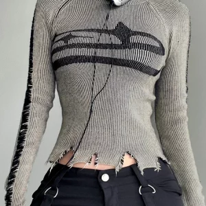 Y2K Grunge Patchwork Sweater - Vintage Style Long Sleeve Jumper for Women