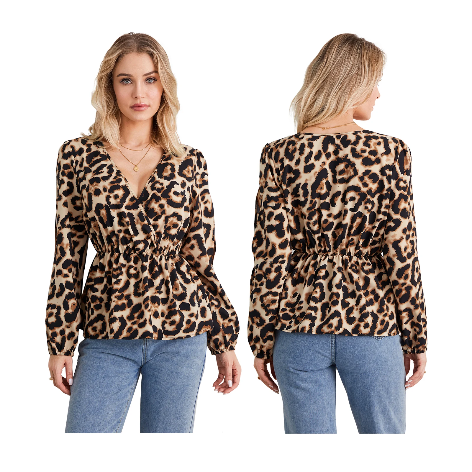 Y2K Grunge Peplum Top: Leopard Print Lantern Sleeve V-Neck Blouse