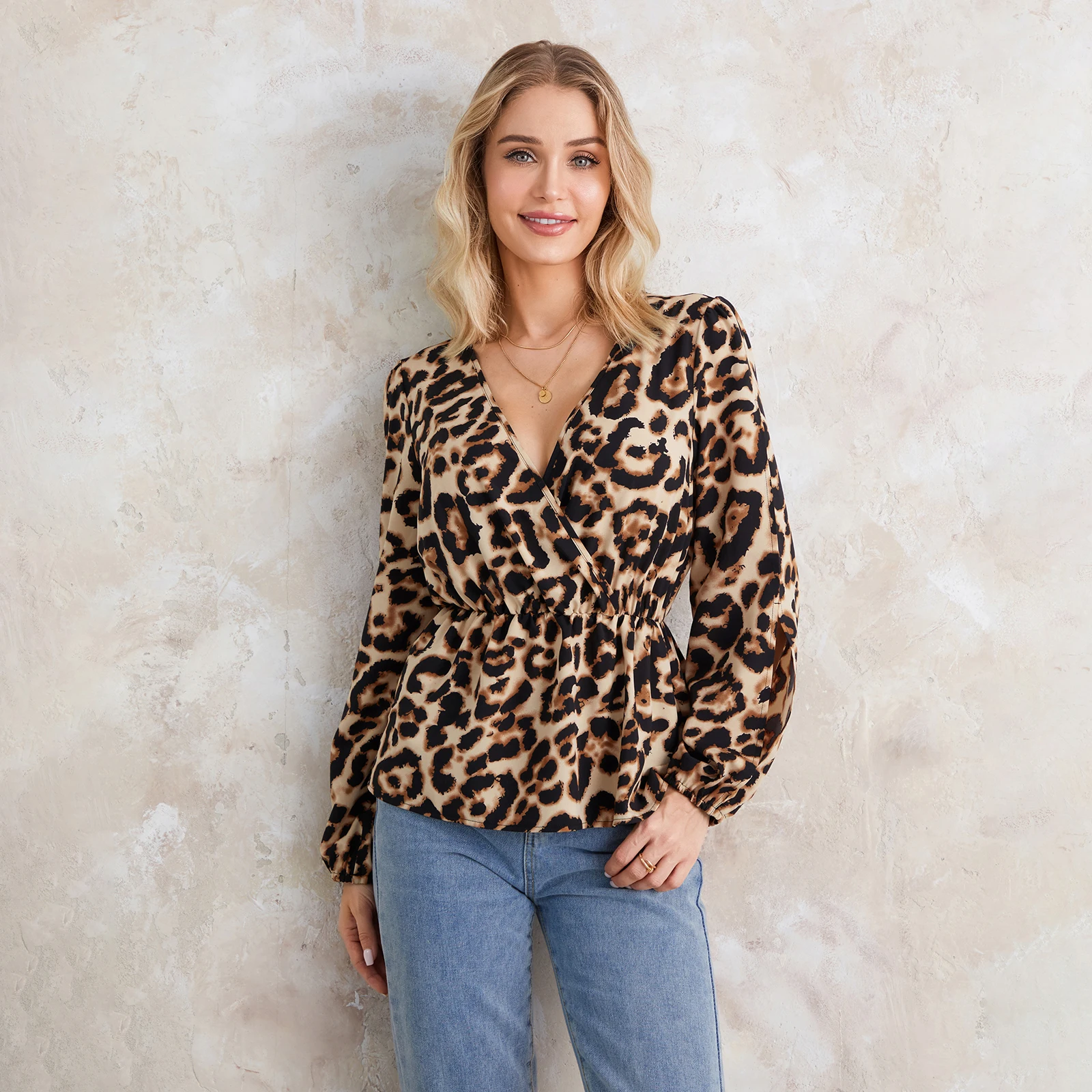 Y2K Grunge Peplum Top: Leopard Print Lantern Sleeve V-Neck Blouse