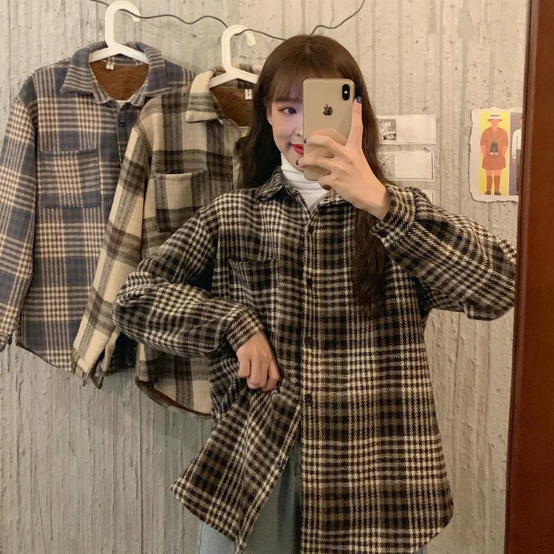 Y2K Grunge Plaid Shirt - Vintage Korean Style Casual Top