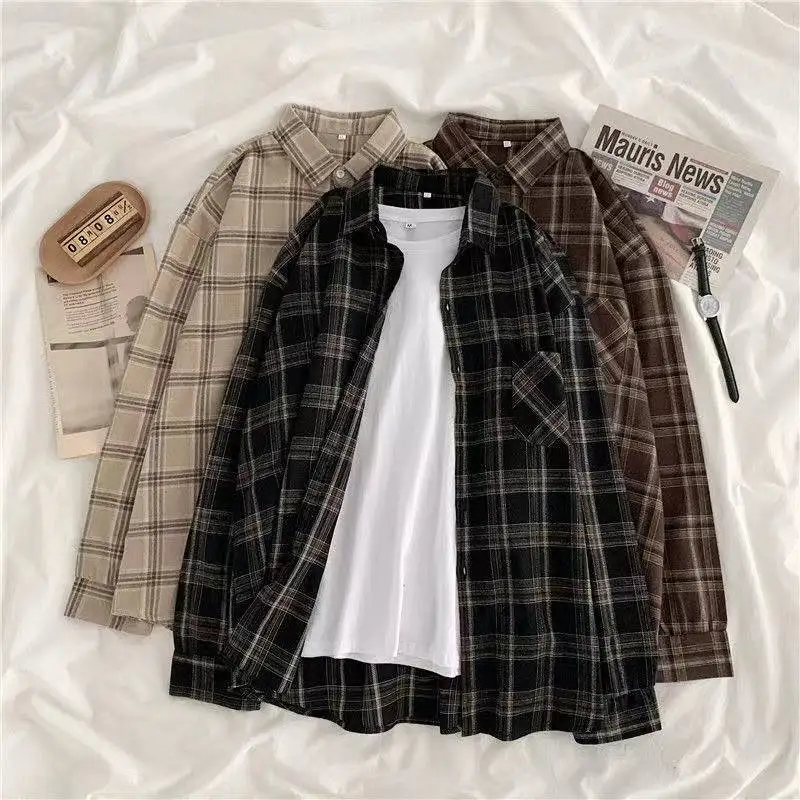 Y2K Grunge Plaid Shirt: Vintage Long Sleeve Button Top