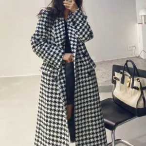 Y2K Grunge Plaid Woolen Coat - Slim Fit Houndstooth Jacket