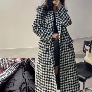 Y2K Grunge Plaid Woolen Coat - Slim Fit Houndstooth Jacket