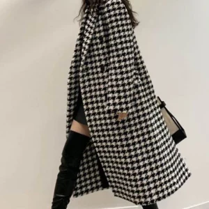 Y2K Grunge Plaid Woolen Coat - Slim Fit Houndstooth Jacket