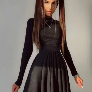 Y2K Grunge Pleated Long Sleeve Mini Dress - Black Streetwear Party Outfit