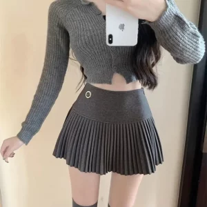 Y2K Grunge Pleated Mini Skirt - Vintage Korean Style Woolen A-Line Patchwork