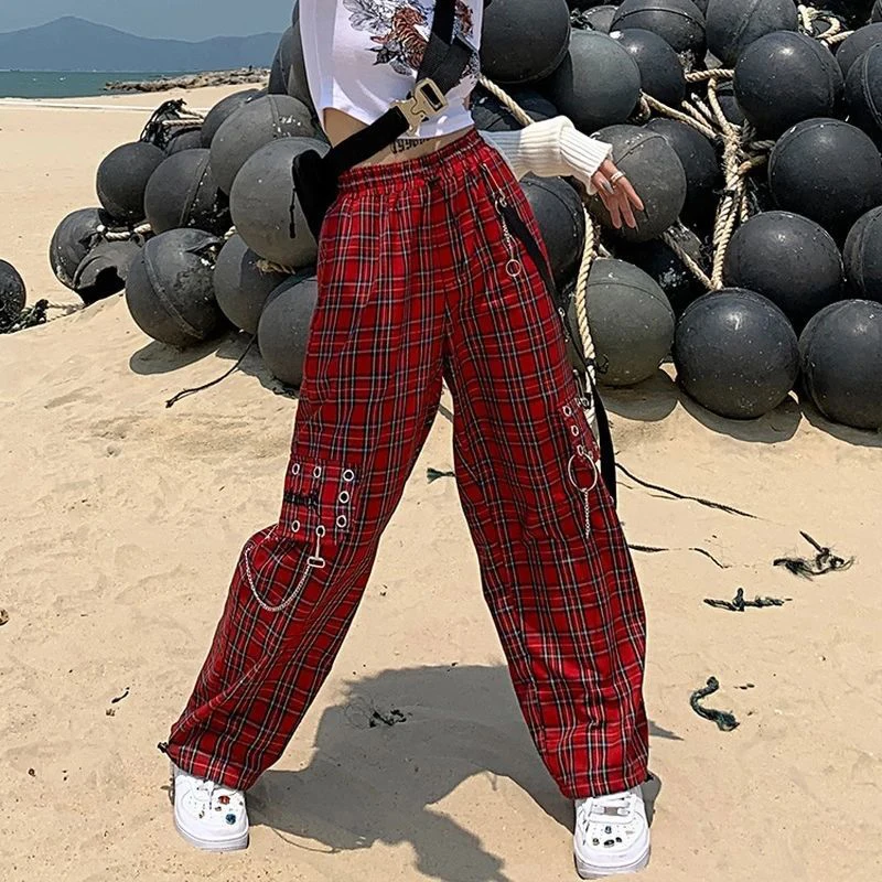 Y2K Grunge Punk Cargo Chain Plaid Pants Women Gothic Harajuku Streetwear