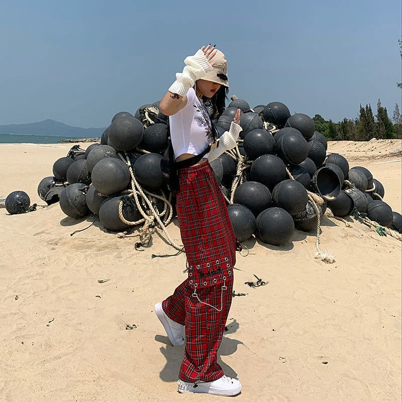 Y2K Grunge Punk Cargo Chain Plaid Pants Women Gothic Harajuku Streetwear