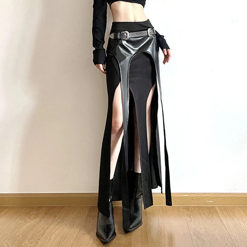 Y2K Grunge Punk Cyber Gothic Irregular Party Skirt - Faux Leather Patchwork Midi - Women's Techwear