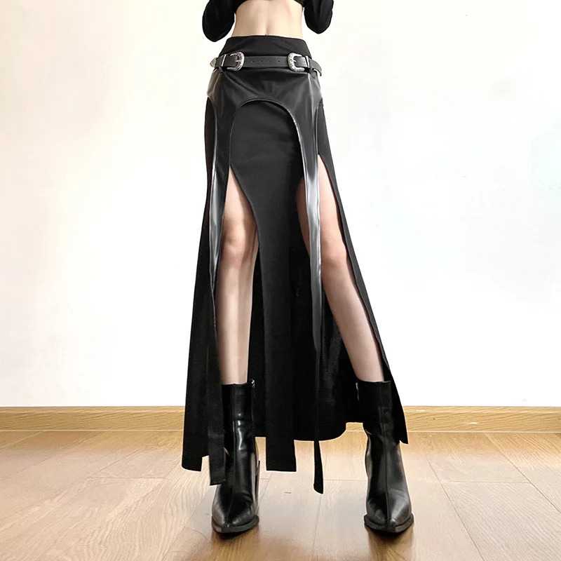 Y2K Grunge Punk Cyber Gothic Irregular Party Skirt - Faux Leather Patchwork Midi - Women's Techwear