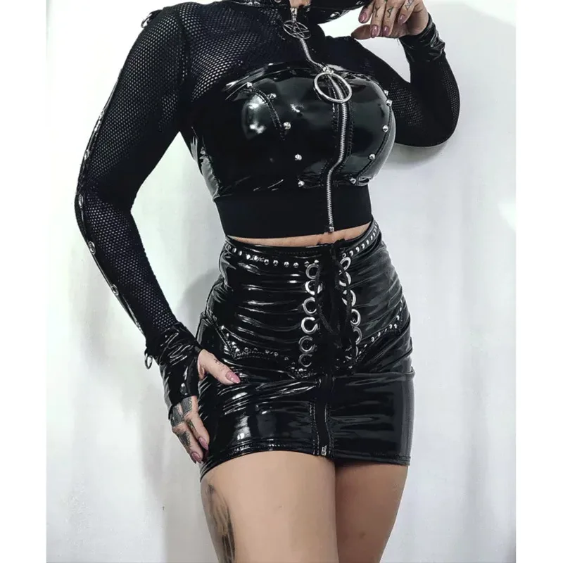 Y2K Grunge Punk Fishnet Zip-Up Cardigans - Gothic Faux PU Hooded Crop Jackets Women - Streetwear