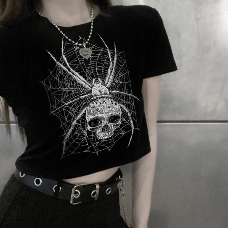 Y2K Grunge Punk Skull Print Graphic T-Shirt - Harajuku Gothic Streetwear