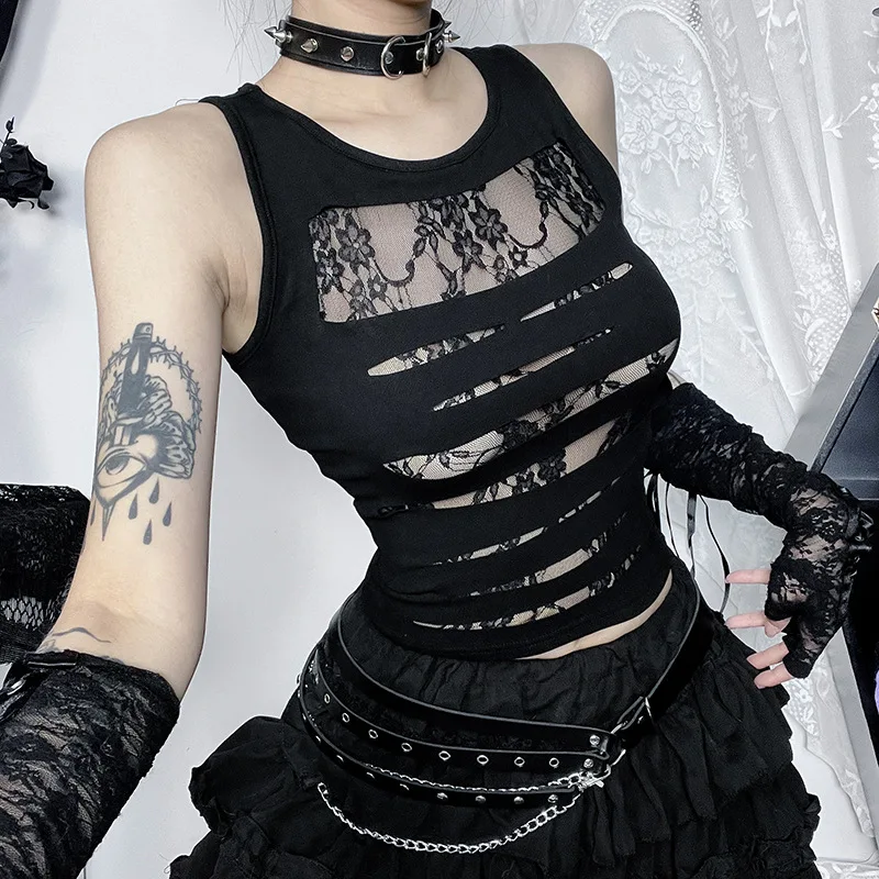 Y2K Grunge Punk Tank Top - Dark Gothic Streetwear Lace Crop Techwear Fashion Women