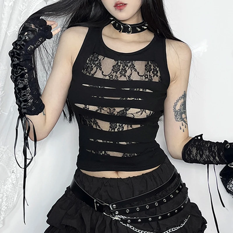 Y2K Grunge Punk Tank Top - Dark Gothic Streetwear Lace Crop Techwear Fashion Women