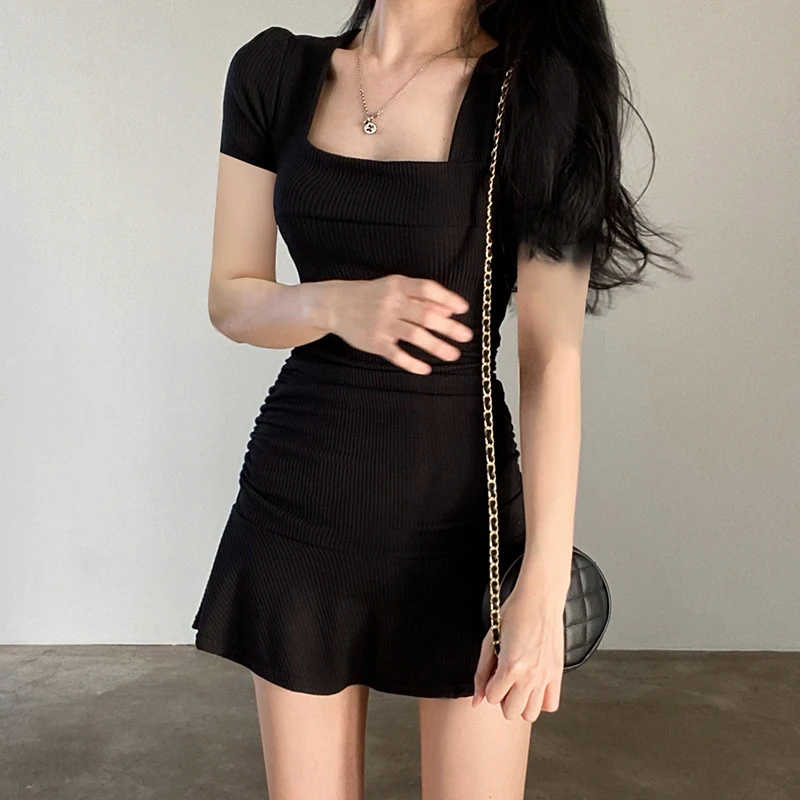 Y2K Grunge Ruched Black Mini Dress - Square Neck Bodycon Sundress