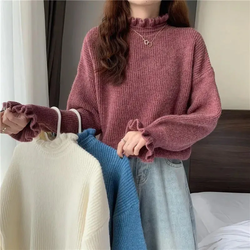 Y2K Grunge Ruffle Sweater - Mock Neck Flare Sleeve Pullover