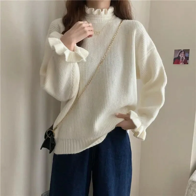 Y2K Grunge Ruffle Sweater - Mock Neck Flare Sleeve Pullover