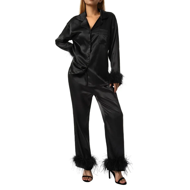 Y2K Grunge Satin Pajama Set with Feather Detail