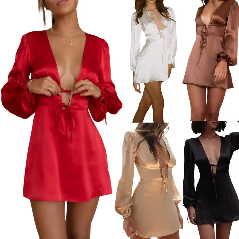 Y2K Grunge Satin Party Dress - Deep V-neck Backless A-line - Sexy Nightclub Robe