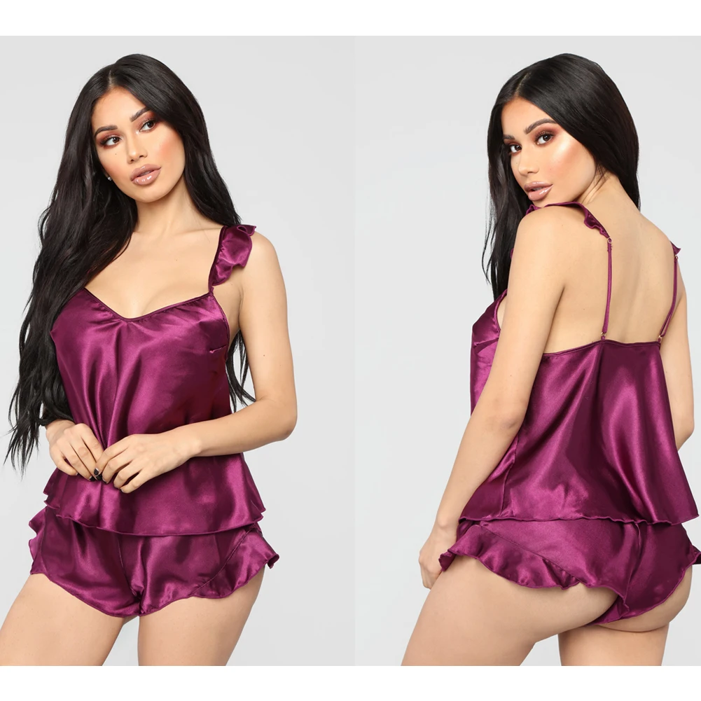 Y2K Grunge Satin Silk Pajama Set - Ruffle V-Neck Top & Shorts