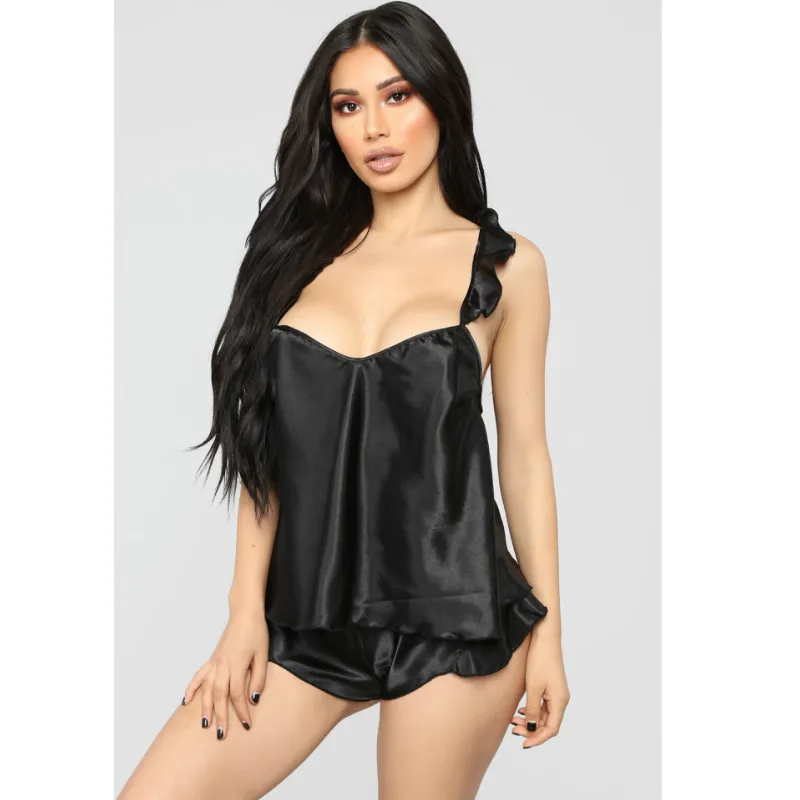 Y2K Grunge Satin Silk Pajama Set - Ruffle V-Neck Top & Shorts