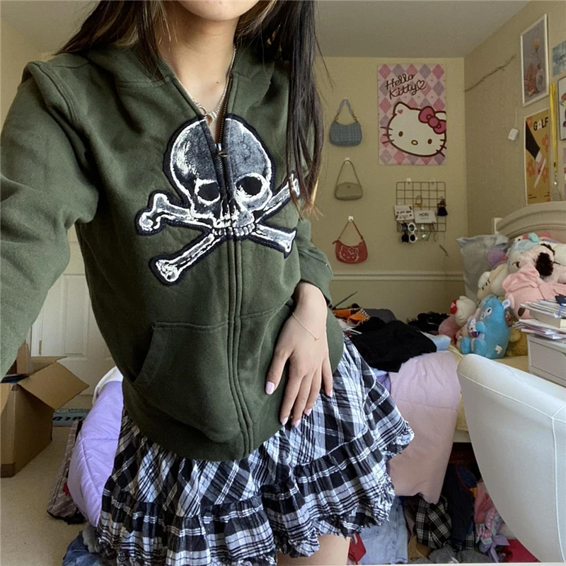 Y2K Grunge Skull Hooded Jacket - Aesthetic Goth Zip-Up Coat