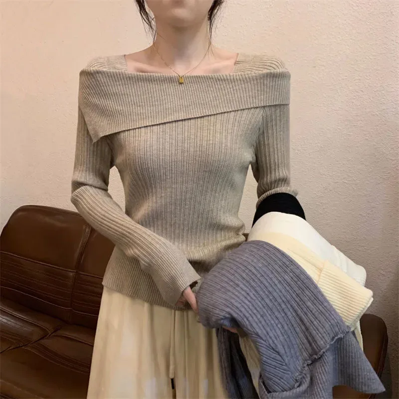 Y2K Grunge Slash Neck Knitted Sweater - Autumn Fashion Pullover