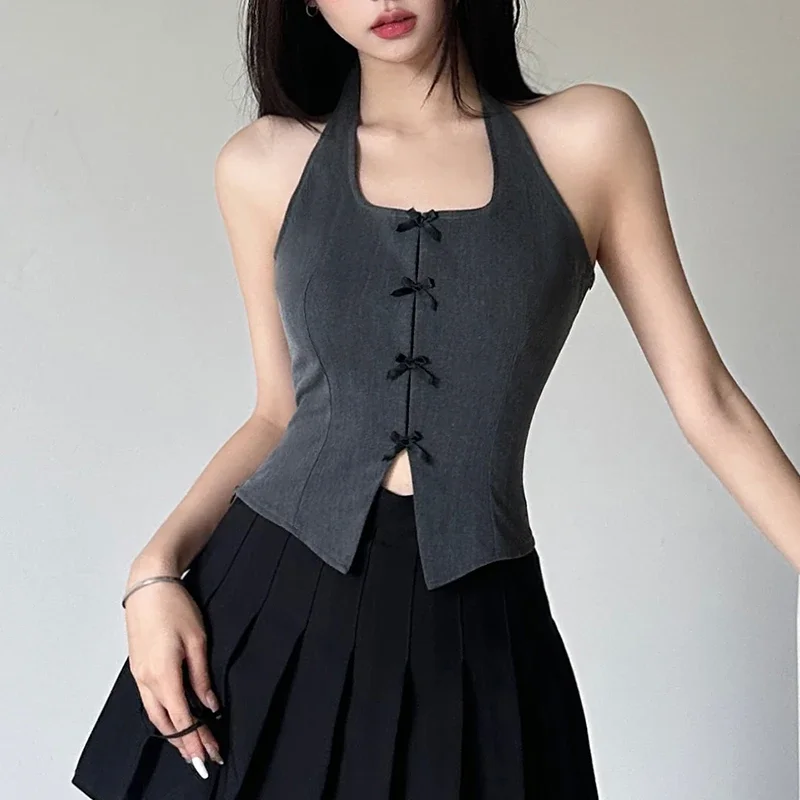 Y2K Grunge Sleeveless Split Vest Halter Tank Top Vintage Chic Fashion Crop Top