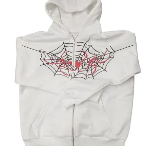 Y2K Grunge Spider Web Print Hooded Zip-Up - Women's Halloween Casual Coat