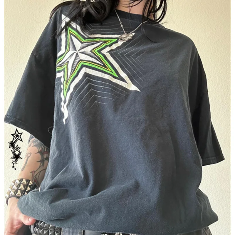 Y2K Grunge Star Print Crop Top - Graphic Round Neck Tee - Cybercore Streetwear