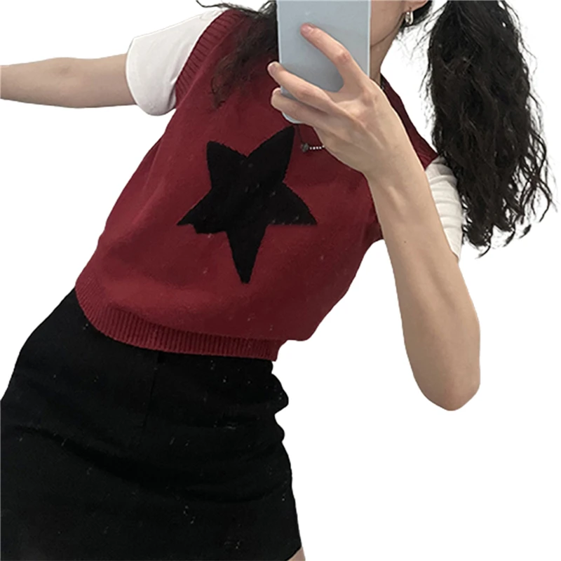 Y2K Grunge Star Print Sleeveless Crop Top - Aesthetic Knitted Sweater Vest