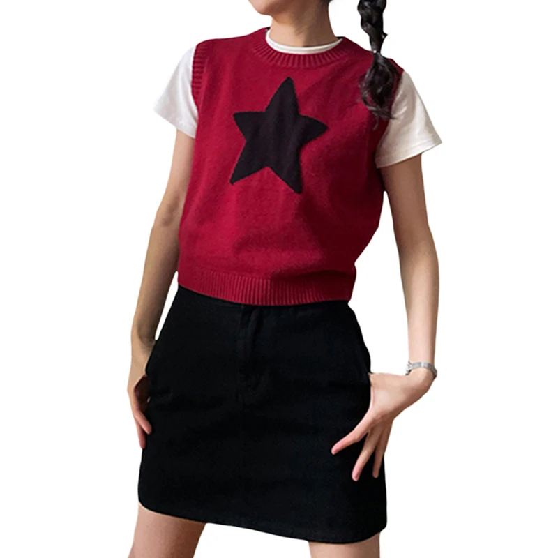 Y2K Grunge Star Print Sleeveless Crop Top - Aesthetic Knitted Sweater Vest